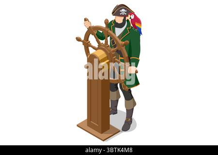An Isometric illustration of a pirate captain, complete with a hat and parrot, confidently steering a ship s wheel, embodying leadership and adventure Stock Vector