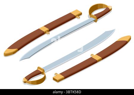 Cutlass Swords. An Isometric set of two sharp cutlass swords with sheaths, classic pirate weapons ready for action or display, ideal for historical or Stock Vector