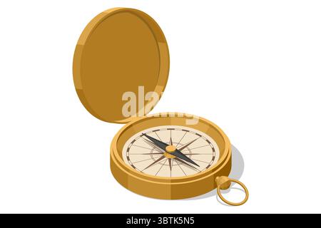 Golden Compass. An Isometric illustration of a vintage golden compass with an open lid, showing its detailed rose and needle, a classic tool for Stock Vector