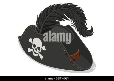 A classic Isometric black pirate hat adorned with a white skull and crossbones emblem and flowing black feather, symbolizing swashbuckling adventure Stock Vector