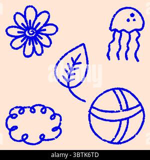 Fun summer beach vector set with hand drawn summer doodle icons, crayons and chalk vacation elements Stock Vector