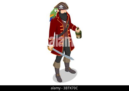 Pirate with Rum and Cutlass. Isometric illustration of a swashbuckling pirate captain with a beard, a hat, a colorful parrot on his shoulder, holding Stock Vector