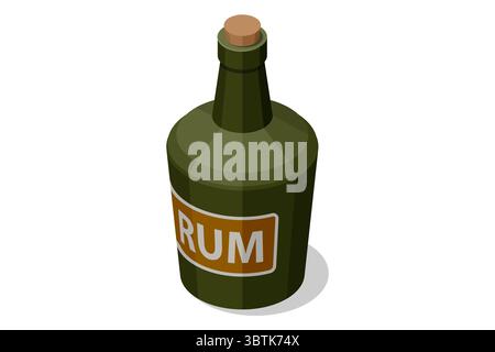 An Isometric illustration of a dark green, classic rum bottle with a cork stopper and a RUM label, perfect for pirate or tropical themes. Pirate, sea Stock Vector