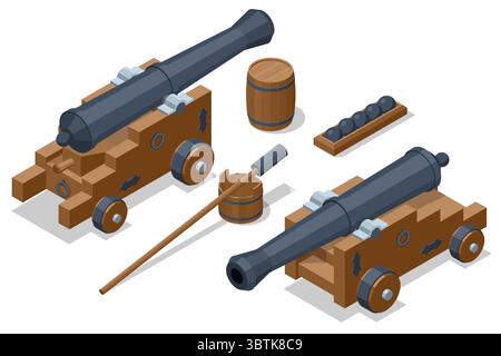 Isometric set of two vintage ship cannons on wooden carriages, complete with a barrel of gunpowder, cannonballs on a rack, and a rammer for loading Stock Vector