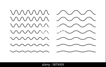 Set of wavy vector lines. Zigzag and wavy horizontal underline. Waves lines set. Wave thin line background collection. Wave ornament pattern.  Stock Vector