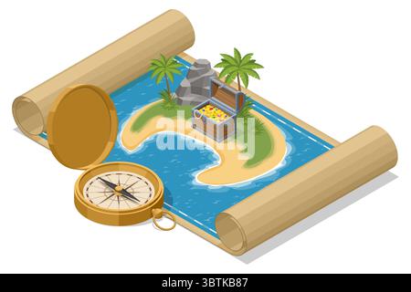Illustration of a treasure map showing island with sailing ship galleon ...