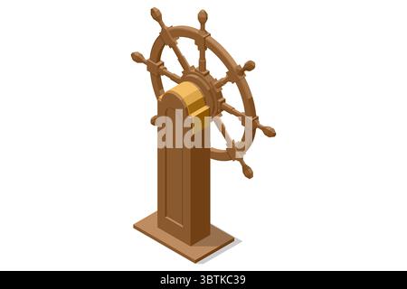 ship's wheel. A classic Isometric wooden ship's wheel with a sturdy stand, representing control and navigation at sea, ready for a grand voyage Stock Vector