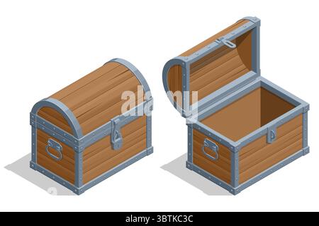 Wooden Treasure for Chest. An Isometric illustration featuring two wooden treasure chests: one closed and locked, the other open and empty, ready to Stock Vector