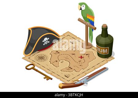 An Isometric illustration of pirate essentials a treasure map with an X, a pirate hat, an old pistol, a vintage key, a bottle of rum, and a green Stock Vector