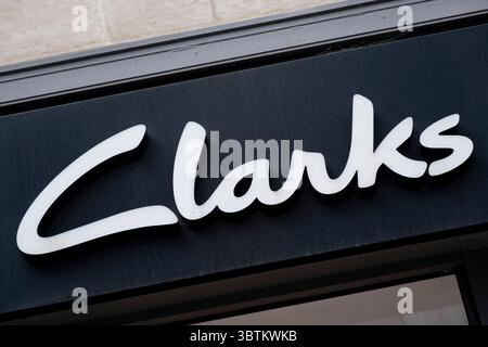 Sign for the footwear brand Clarks on 9th July 2025 in London, United Kingdom. Stock Photo
