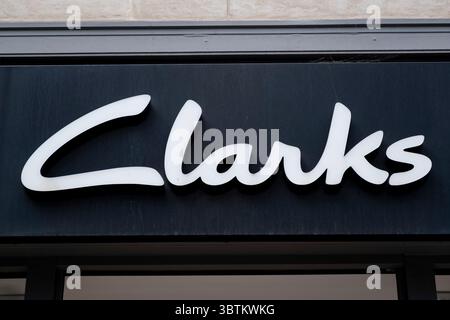 Sign for the footwear brand Clarks on 9th July 2025 in London, United Kingdom. Stock Photo