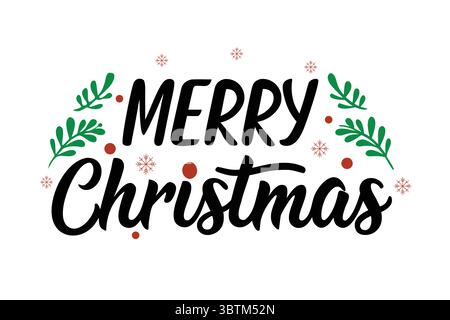 "Merry Christmas Typography with Green Leaves and Red Berries" Stock Vector
