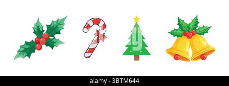 "Christmas Symbols: Holly, Candy Cane, Tree, and Bells" Stock Vector