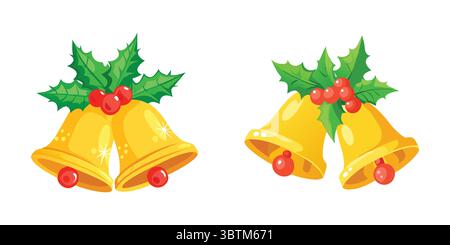 "Christmas Bells with Holly and Red Berries Decoration" Stock Vector