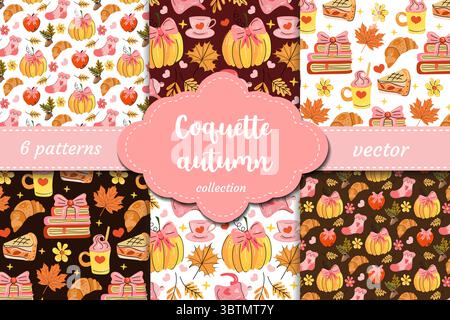Whimsical autumn vector patterns with pumpkins, bows, pie, books, socks and cozy details in coquette aesthetic. Great for fabric, planners, wrapping Stock Vector