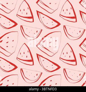 Watermelon slice pattern in red line art on soft pink background for summer packaging and kids products Stock Vector