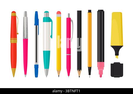 A set of school supplies, such as pens, pencils, and markers. Vector illustration isolated on a white background Stock Vector