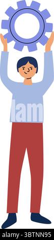 Man holding gear. Flat vector illustration symbolizing process, configuration, teamwork, technology, system setup, or business development. Stock Vector