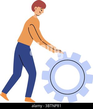 Man holding gear. Flat vector illustration symbolizing process, configuration, teamwork, technology, system setup, or business development. Stock Vector