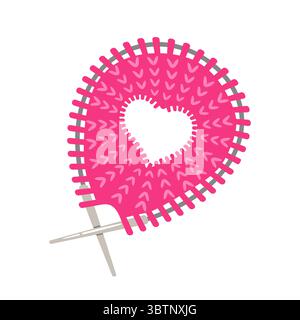 Bright pink knitting with a heart in the center. Playful and modern design with crossed needles, perfect for crafts and love-themed projects Stock Vector