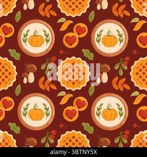 This vector illustration showcases a warm, seamless pattern featuring pumpkins, pies, and autumn leaves on a rich burgundy background. Ideal for fall- Stock Vector