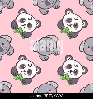 This vector illustration features a charming seamless pattern of cute pandas and koalas against a soft pink background. Perfect for children s product Stock Vector