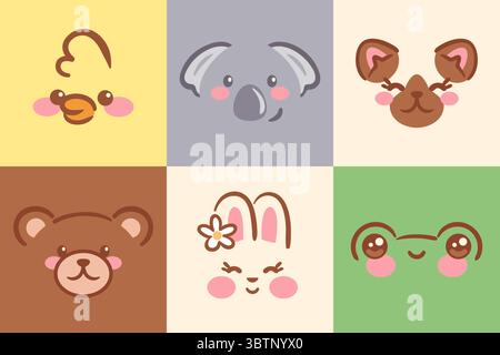 This vector illustration features cheerful animal faces arranged in a playful grid. Each character, including a duck, koala, bear, bunny, and more, sh Stock Vector