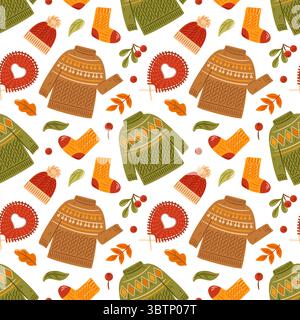 This cozy vector illustration features a charming seamless pattern of knitted sweaters, warm socks, hats, and autumn leaves. Perfect for seasonal desi Stock Vector