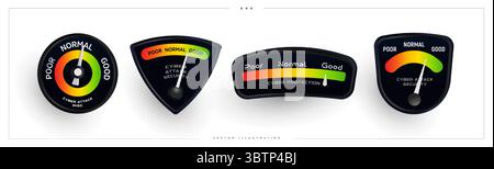 Cyber Security Protection Meter Level Set Icon, Hacker Attack Risc Measure Rate. Hack danger indicator, fishing measuring for data, web, hosting Stock Vector