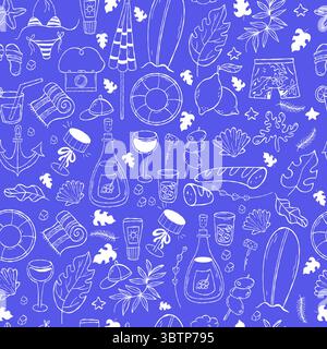 Mediterranean seamless pattern with summer beach vacation on blue background. Dolce vita. Outline Italian aesthetics Vintage minimal backdrop in white Stock Vector