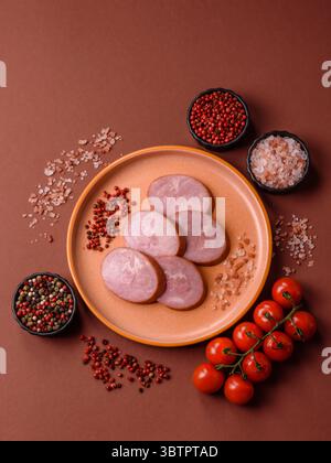 Sliced ham, meat, pork or turkey sausage for sandwiches. Ham slices, food, background for your design Stock Photo