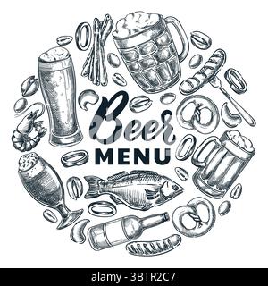 Craft beer circle label with mug, glasses, sausage, pretzel, fish. Vector hand drawn sketch illustration. Brewing snacks and drinks design for pub men Stock Vector