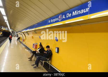 November 13, 2019, Madrid, Spain: Delicias Metro station in Madrid seen with the names of the Australian national team tennis player Nick Kyrgios..Line 3 Metro Madrid stations have the names of the tennis players and the teams that will compete in the new Davis cup tennis tournament being held in Madrid for the first time.  It will start tomorrow Tuesday 19, Nov 2019. (Credit Image: © John Milner/SOPA Images via ZUMA Wire) Stock Photo