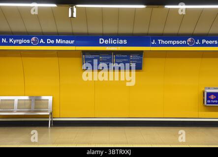 November 13, 2019, Madrid, Spain: Delicias Metro station in Madrid seen with the names of the Australian national team tennis player Nick Kyrgios..Line 3 Metro Madrid stations have the names of the tennis players and the teams that will compete in the new Davis cup tennis tournament being held in Madrid for the first time.  It will start tomorrow Tuesday 19, Nov 2019. (Credit Image: © John Milner/SOPA Images via ZUMA Wire) Stock Photo