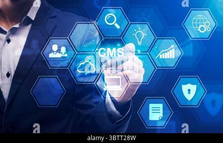 Content management system. Collage of SMM manager, computer icons and CMS button on transparent screen Stock Photo