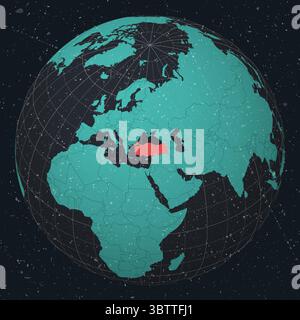 Turkey on Globe. Vintage look with grunge scratched texture. Country view on world map in Dark Charcoal Turquoise color palette. Turkey shape on map. Stock Vector