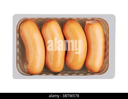 Boiled Sausages in pack, isolated on white background Stock Photo