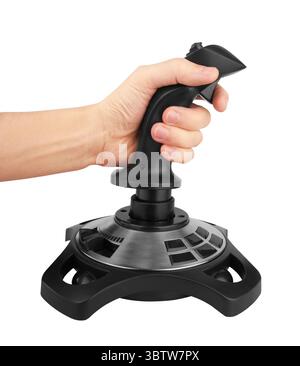 Computer joystick with hand isolated on white background Stock Photo