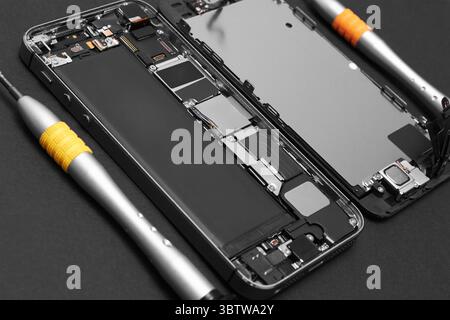 Mobile phone parts and repairing tools, close-up Stock Photo