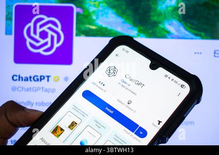 Oakley, Utah – Sept. 3, 2025: A phone displays the ChatGPT app on Google Play, with its official X profile blurred in the background. Stock Photo