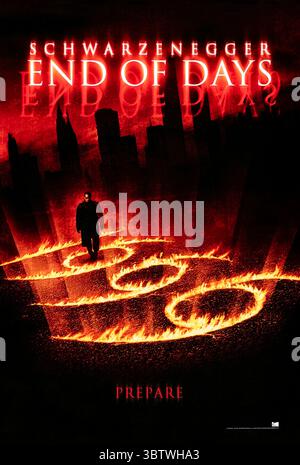 End of Days (1999) directed by Peter Hyams and starring Arnold Schwarzenegger, Gabriel Byrne, and Robin Tunney. A supernatural thriller about a troubled cop who must protect a woman destined to give birth to the Antichrist as the world teeters on the brink of the millennium. Photograph of an original 1999 US advance poster EDITORIAL USE ONLY. Credit: BFA / Universal Pictures Stock Photo
