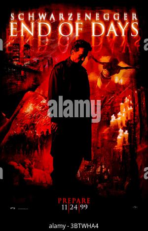 End of Days (1999) directed by Peter Hyams and starring Arnold Schwarzenegger, Gabriel Byrne, and Robin Tunney. A supernatural thriller about a troubled cop who must protect a woman destined to give birth to the Antichrist as the world teeters on the brink of the millennium. Photograph of an original 1999 US advance poster EDITORIAL USE ONLY. Credit: BFA / Universal Pictures Stock Photo