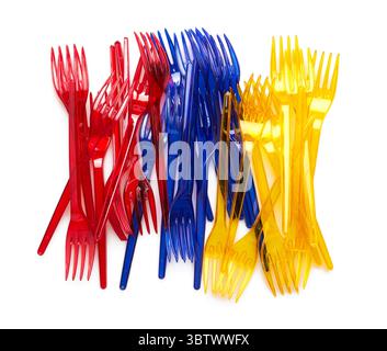 Set of colored plastic forks isolated on white background Stock Photo