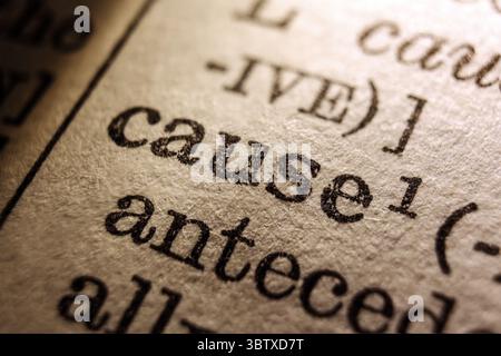 Word cause on dictionary page, macro close-up Stock Photo
