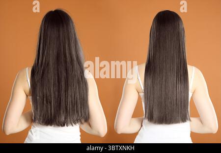 Hair combing, straightening. Woman showing hairstyle before and after different procedures on brown background, back view. Collage of photos Stock Photo