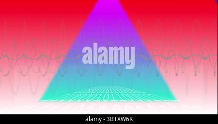 Projecting glowing triangle shifting from aqua to magenta in digital space with binary code rows Stock Photo