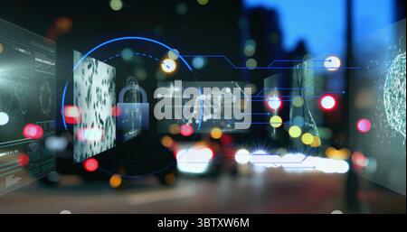 Displaying translucent panels and padlock icon floating over city street at night, cyber security Stock Photo
