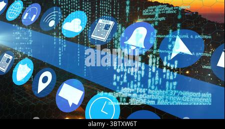 Displaying glowing circular wifi and cloud icons with streaming code over urban skyline, hex grid Stock Photo