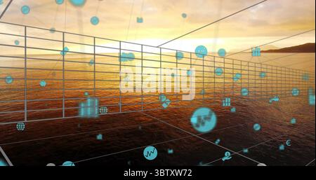 Displaying semi-transparent 3D wireframe grid floating above sunset sea, with blue data icons Stock Photo