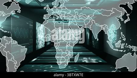 Displaying holographic world map projection in high-tech control hub, with transparent monitors Stock Photo